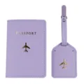 Purple PU leather passport holder and luggage tag set with gold foil airplane travel accessories. - Two-Piece Set / Light Purple