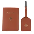 Brown leather passport holder and luggage tag set with gold airplane design for travel. - Two-Piece Set / Coffee