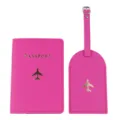 Set porta passaporto e etichetta valigia in pelle PU rosa con motivo aereo dorato per viaggi. - Rosso rosa