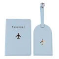 Set porta passaporto e etichetta valigia in pelle PU azzurro chiaro da viaggio. - Azzurro