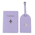 Set copripassaporto e etichetta bagaglio in pelle PU viola con stampa aerea dorata. - Viola chiaro