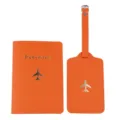 Set da viaggio in pelle PU arancione porta passaporto ed etichetta valigia con aereo oro. - Arancione