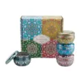 Scented candle gift set with colorful mandala tin cans and matching storage box. - No. 59 Color Box & 4 Empty Jars