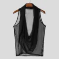 Canotta da uomo con scollo a V profondo in rete trasparente, top leggero per club. - Taglia S / Top / Nero