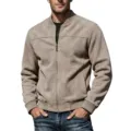 Detalle de chaqueta bomber de ante sintetico para hombre con cremallera y cuello ribeteado. - S / Tops / Marrón