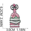 Detailed view of cute bookworm embroidered patch showing dimensions, ideal for DIY apparel decor. - Bookworm Style (W27XC-085-04)