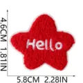 Close-up of red star embroidered patch with white Hello text, detailed craft badge 4.6x5.8cm - Pentagram Shape (S27QE-068-18)