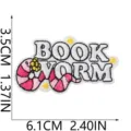 Detailed view of the cute bookworm embroidered patch, showing fine stitching and clear dimensions. - Bookworm Style (W27XC-08-16)
