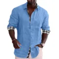 Camicia casual da uomo a maniche lunghe con colletto e polsini a quadri bianchi e neri. - Taglia S / Blu