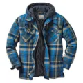 Detailansicht der blauen Karo Herren Kapuzenjacke, gefütterter Flanell Mantel für den Winter. - Blau