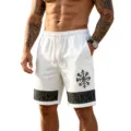 Detail view of men casual linen-feel beach shorts with Viking totem print and elastic waist. - White