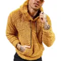 Men's yellow fuzzy fleece sherpa hoodie with comfortable drawstring and front pocket. - S / Khaki