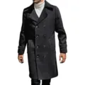 Men's double breasted wool trench coat slim fit long black overcoat winter style - M / Black