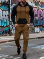 Mens colorblock fleece tracksuit detail showing hoodie and sweatpants streetwear style - Black and Khaki