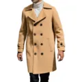 Men's double-breasted camel wool trench coat, slim fit winter overcoat with lapel and buttons. - M / Camel