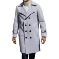 Eleganter hellgrauer Herren Zweireiher Wollmantel Mittellanger Trenchcoat Wintermantel - Hellgrau