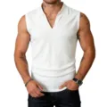 Men's knitted polo vest, slim fit solid color sleeveless top with vertical ribbed design. - S / Tops / White