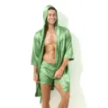 Men satin hooded robe set short sleeve loungewear solid color breathable sleepwear - M / Top And Bottom / Grass Green
