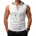 Felpa con cappuccio senza maniche da uomo in tessuto waffle con dettagli a righe e lacci. - Taglia S / Top / Bianco