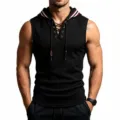Gilet sportivo con cappuccio in maglia waffle da uomo con finiture a righe e allacciatura. - Taglia S / Top / Nero