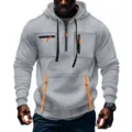 Felpa da uomo casual a maniche lunghe con mezza zip tasche e dettagli arancioni. - Taglia M / Top / Grigio chiaro
