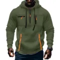 Felpa con cappuccio spessa da uomo in verde oliva con dettagli di tasche arancioni. - Taglia M / Top / Verde militare
