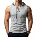 Men waffle knit sleeveless hoodie detail showing cross lace-up front and striped hood lining. - Light Gray