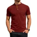 Maglietta Henley casual da uomo a manica corta con tasca a bottoni, top estivo bordeaux. - Taglia S / Borgogna