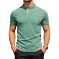 Maglietta henley verde da uomo a maniche corte con tasca sul petto e collo alla coreana model - Taglia S / Verde Scuro Melange