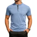 Men's blue short sleeve henley t-shirt with pocket casual summer top solid color design - Light Blue