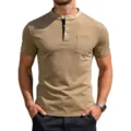 Mens casual short sleeve henley t-shirt with chest pocket and contrast collar design. - Heather Camel