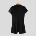 Front zipper detail view of the black short sleeve one piece slim fit mens bodysuit. - S / Tops / Black