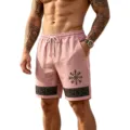Men's casual linen-feel beach shorts with elastic drawstring waist and Viking print details. - Pink