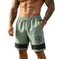 Men's linen-like beach shorts casual drawstring elastic waist Viking printed shorts - Army Green