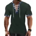 T-shirt uomo verde scuro in velluto a coste manica corta scollo V lacci dettaglio. - Taglia S / Verde militare