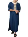 Men's traditional vertical striped long thobe kaftan with embroidered v-neck and half sleeves. - Midnight Blue (Floral)