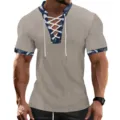 Maglietta estiva da uomo in velluto a coste manica corta scollo V con lacci top casual - Taglia S / Kaki