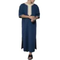 Uomo Thobe Tradizionale A Righe Blu Collo V Ricamo Maniche Lunghe Abito Lungo Variante Art. - Taglia S / Blu scuro