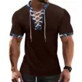 Men's brown corduroy V-neck lace-up short sleeve t-shirt casual slim fit top detail view - Brown