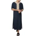 Men's blue traditional printed long robe, V-neck short sleeve thobe variant, summer fashion. - Dark Gray (Check)
