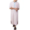 Pink striped men's thobe, V-neck short sleeve long robe featuring light blue embroidery details. - Pink