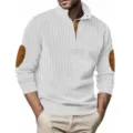 Felpa casual da uomo a maniche lunghe con colletto alto a righe e toppe ai gomiti. - Taglia S / Bianco