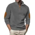 Mens casual long sleeve stand collar striped sweatshirt with elbow patches slim fit top. - Dark Gray