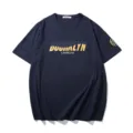 Men's navy blue short sleeve t-shirt with gold letter print, casual loose plus size crew neck top. - XL / Tops / Navy Blue
