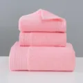 Pink cotton bath towel set, 3 pieces, fluffy loop pile, soft and absorbent home textile. - Pink