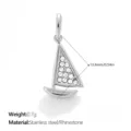 Silver stainless steel sailboat pendant charm with sparkling rhinestones, 13.8mm height - Sailboat Shape (PJ2632WES)