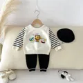 Baby boy knit sweater set with pants and beret, cute cartoon animal embroidery casual wear. - 73cm / Off White