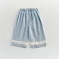Toddler girls summer light denim shorts with cute white lace hem and elastic waist detail. - 73cm / Blue