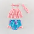 Toddler girl mermaid swimsuit 3-piece set featuring halter layered top and scale shorts. - 66cm / Pink