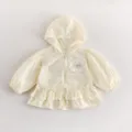 Lightweight baby hooded jacket detail, pale yellow cardigan with cute lace flower and ruffle hem. - 73cm / Apricot